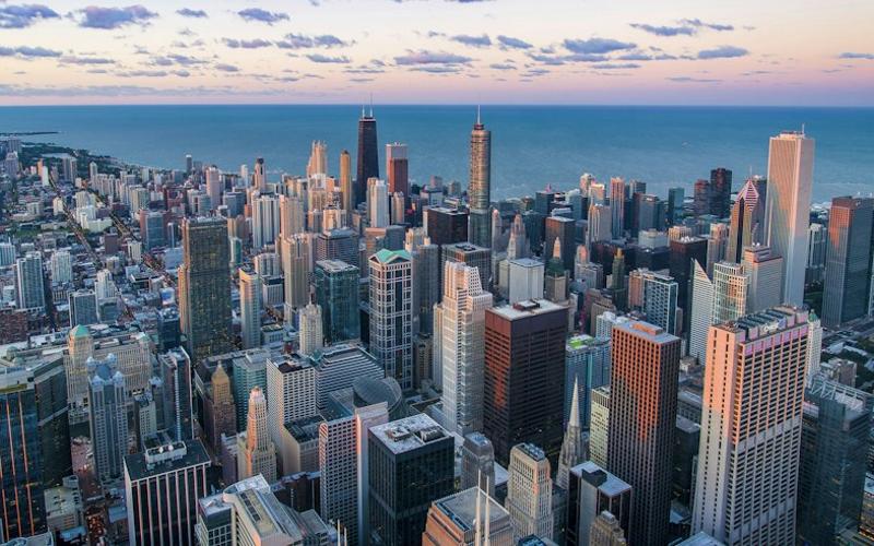 Aerial view of the Chicago skyline at dusk