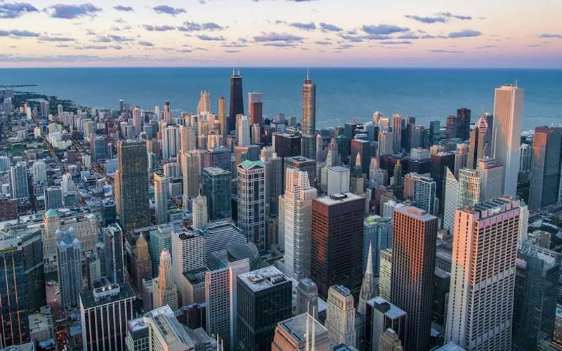 Aerial view of the Chicago skyline at dusk