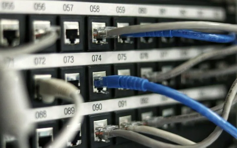 Network patch panel with labelled ethernet cables